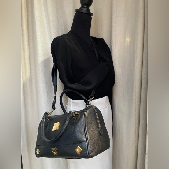 EUC- MCM Black Leather Gold Studded Boston Bag w/ unbranded xbody strap - Picture 5 of 16